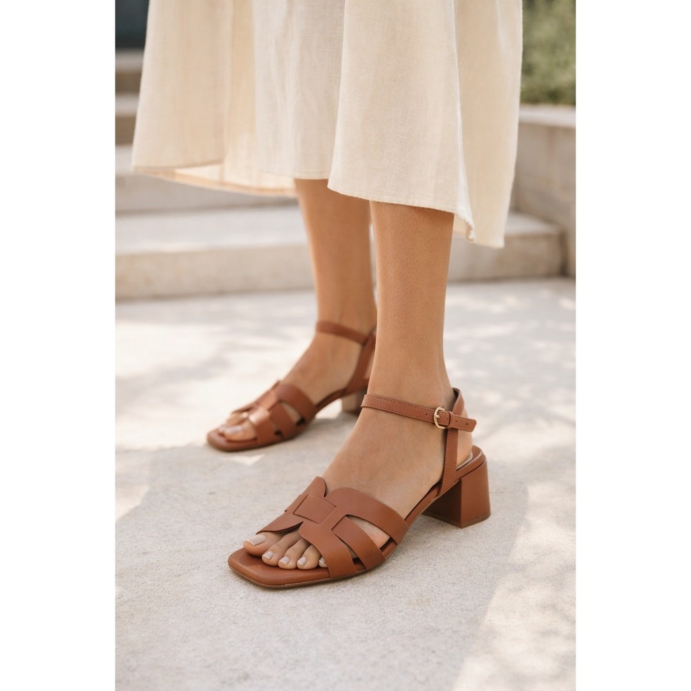 London Rag Eliska Block Heel Sandals Women 5 Camel Square Toe Ankle Strap NIB‎